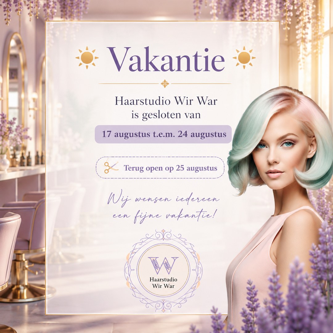 Vakantiemelding Haarstudio Wir War: gesloten van 17 augustus tot en met 24 augustus. Terug open op 25 augustus.